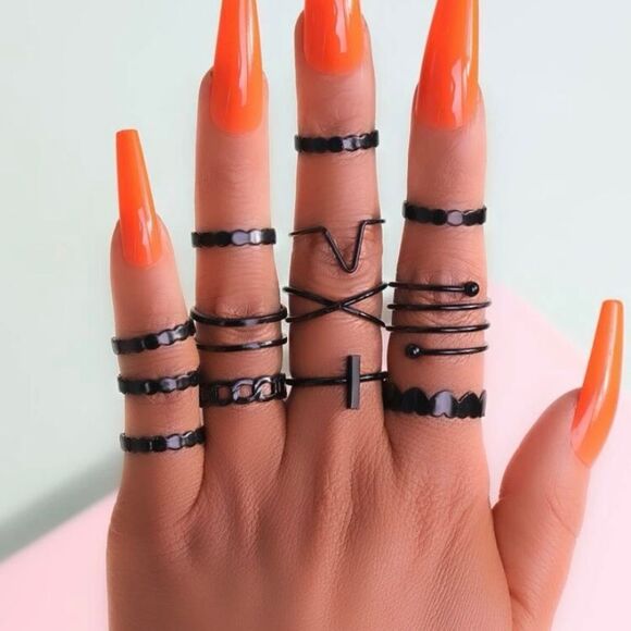Jewelry - NEW 13 black rings, heart jewelry, goth rings, spiral jewelry, bar ring, chain